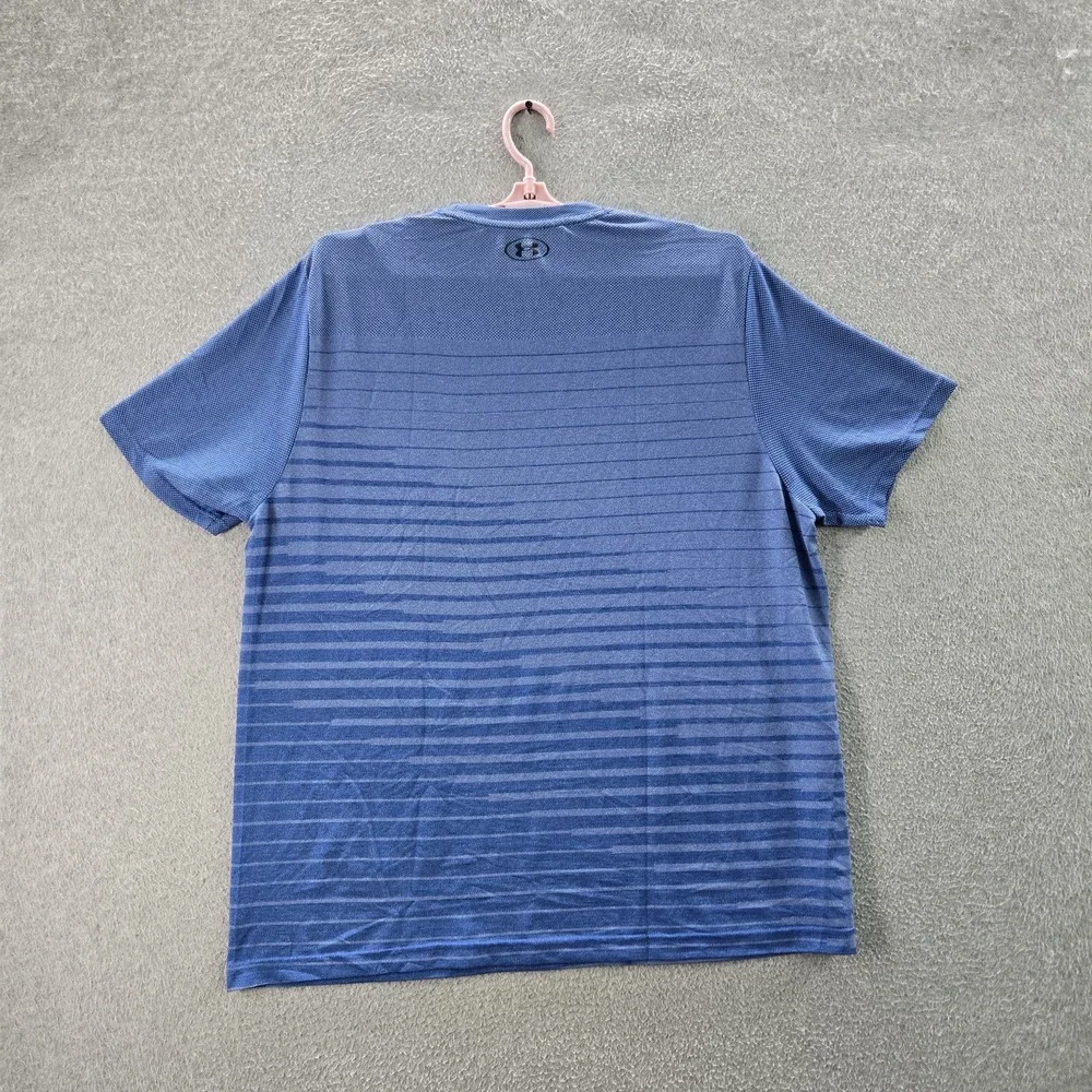 Under Armour Men Shirt XXL‎ Blue Striped Activewear Logo Fitted Short Sleeve